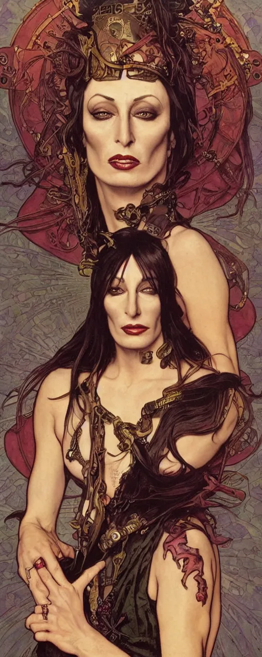 Image similar to striking sensual colorful art nouveau style portrait of anjelica huston as an industrial leatherpunk rebel commander by glenn fabry, simon bisley and alphonse mucha, photorealism, extremely hyperdetailed, perfect symmetrical facial features, perfect anatomy, ornate declotage, spikes, latex, excited expression, wild eyes