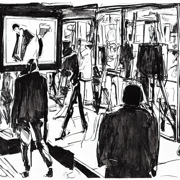 Image similar to a still frame from comic strip a visitors in a contemporary art gallery 1 9 9 0, new yorker illustration, monochrome contrast bw, lineart, manga