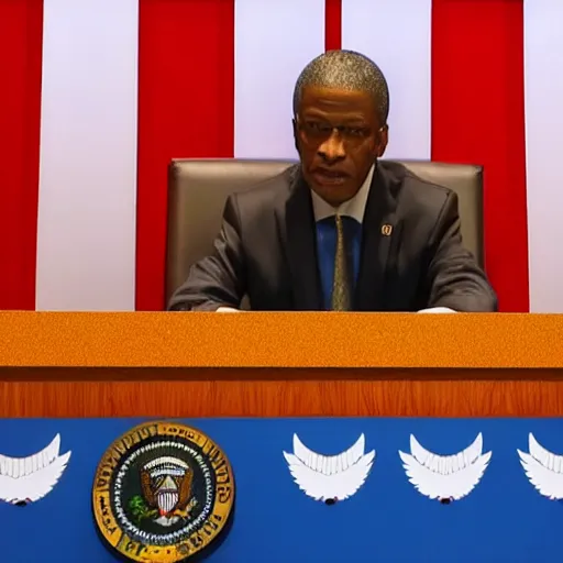 Image similar to puppet president in a podium giving a press conference