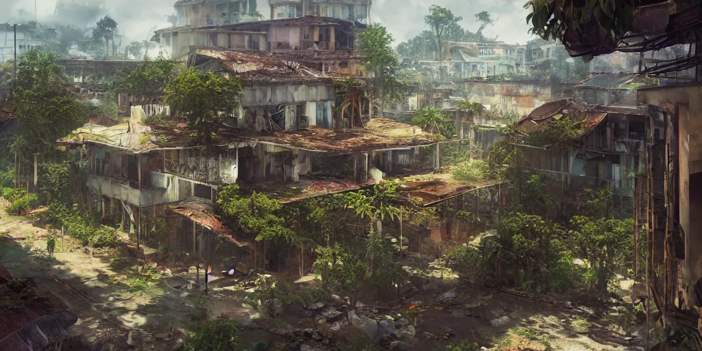 Image similar to abandoned davao city, digital art, fantasy illustration, trending in artstation, cinematic lighting, studio quality, smooth render, unreal engine 5 rendered, octane rendered, rtx, art style by klimt and nixeu and ian sprigger and wlop and krenz cushart