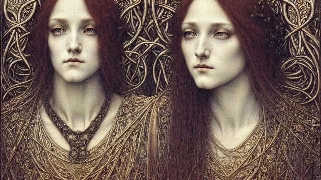 Image similar to detailed realistic beautiful young medieval queen face portrait by jean delville, gustave dore and marco mazzoni, art nouveau, symbolist, visionary, gothic, pre - raphaelite. horizontal symmetry