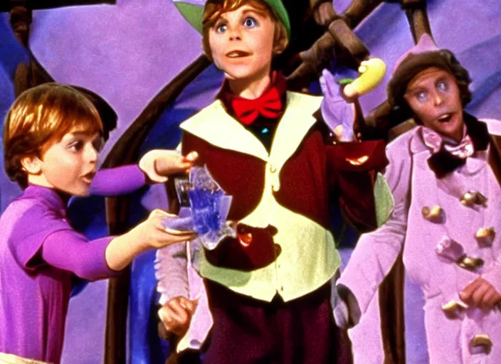 Image similar to film still of Peter Pan in Willy Wonka's and the Chocolate Factory 1971