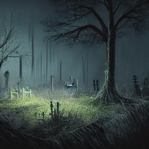 Prompt: an overgrown decrepit cemetery in the dark of night, moonlit, creepy, scary, ambient lighting, concept art