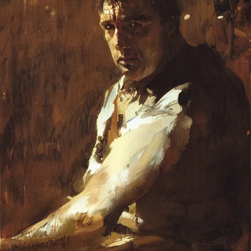 Prompt: portrait of a sad barney rubble, by jeremy mann, anders zorn.