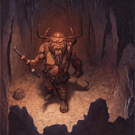 Prompt: A gully-dwarf fighting a Beholder in a cavern in the Underdark, wide view, intricate, Dungeons and Dragons, highly detailed, artstation, concept art, smooth, sharp focus, illustration, art by greg rutkowski and orientalism and bouguereau and Zdzislaw Beksinski, good clear quality, lighting, biology, symmetrical artwork, perfect face, 135 mm, cinematic, hyper realism, high detail, octane render, 8k, chrome accents