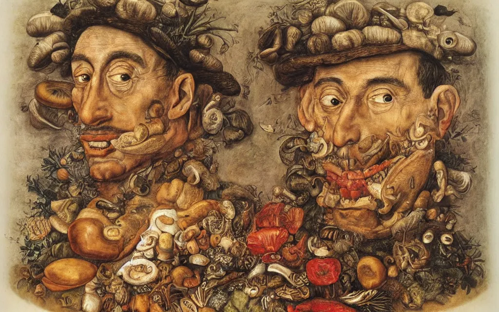 Image similar to giuseppe arcimboldo's portrait of captain jacques - yves cousteau made out of mushrooms fishes