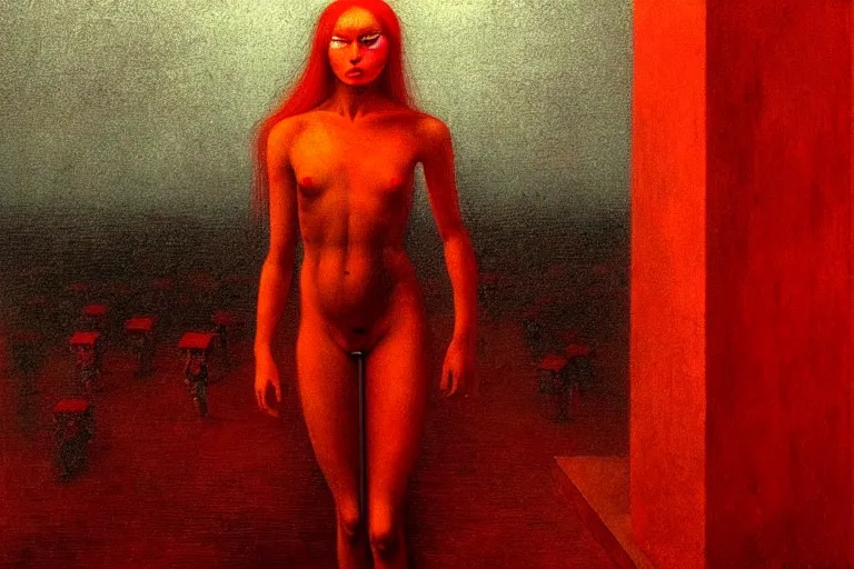 Image similar to only with red, a red angel announce the win, at the gates of a rich renaissance city. inthe background, pathos, in the style of beksinski, part by hopper, part by rodcenko, part by hofbauer, intricate composition, red by caravaggio, insanely quality, highly detailed, masterpiece, red light, artstation