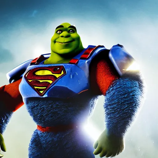 Image similar to shrek as superman in halo 5, splash art, movie still, cinematic lighting, dramatic, octane render, long lens, shallow depth of field, bokeh, anamorphic lens flare, 8 k, hyper detailed, 3 5 mm film grain