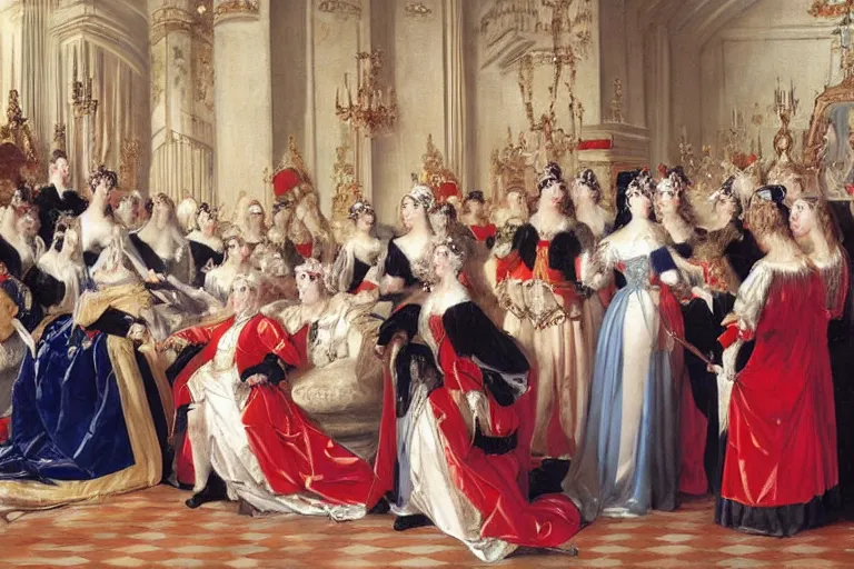 Prompt: the queen of england surrrounded by her court, painting by le nain