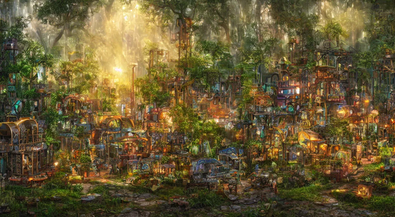 Image similar to a steampunk village in a forest on a summers day, suns rays, rain, lush vegetation, junk everywhere, neon signs, magical atmosphere, mist, photo realistic, 35mm, octane render, 8k, guido borelli da caluso