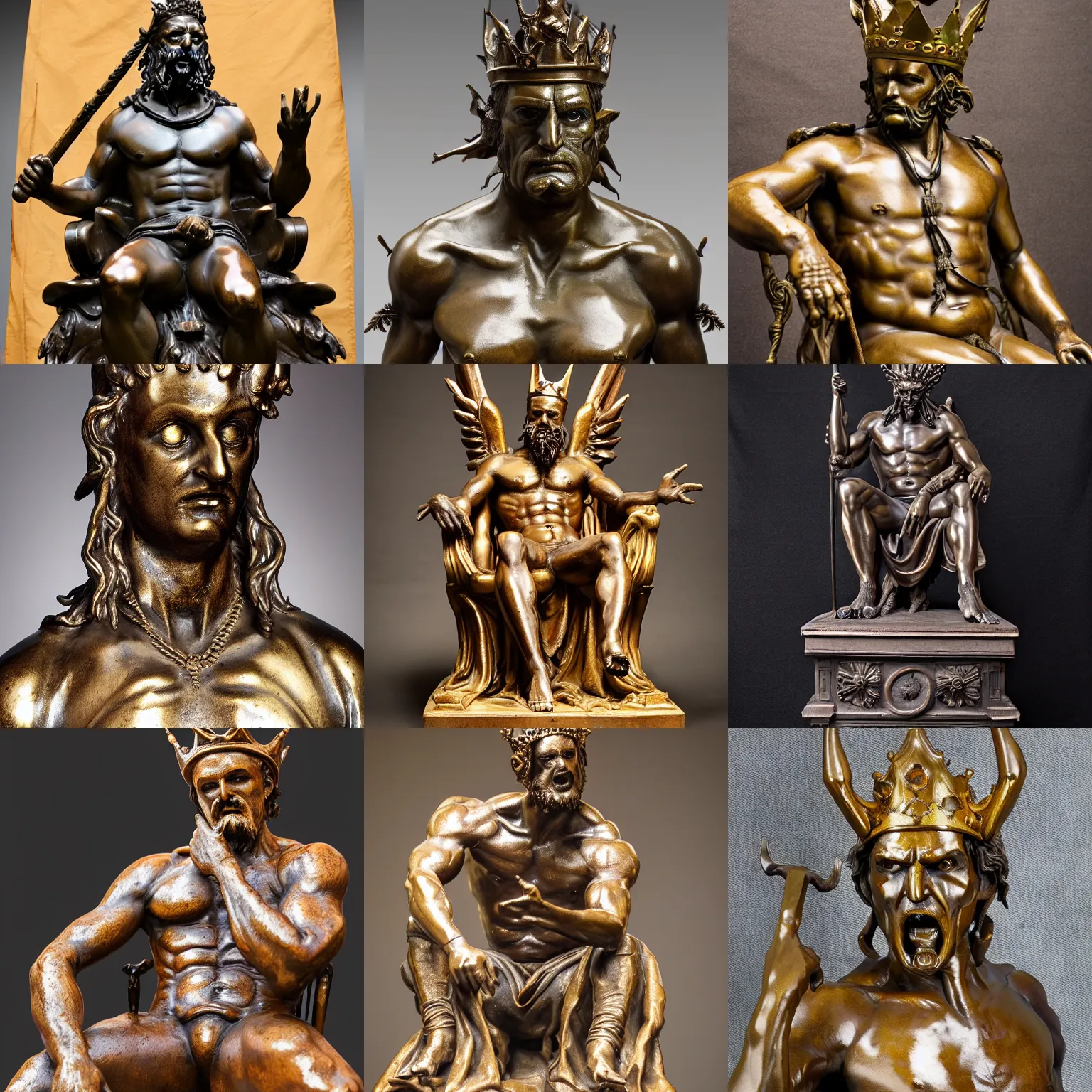 Prompt: bronze sculpture, the king of hell, neo - classical style, very detailed, sitting on a throne, sharp facial features, professional photography, imposing and dominating