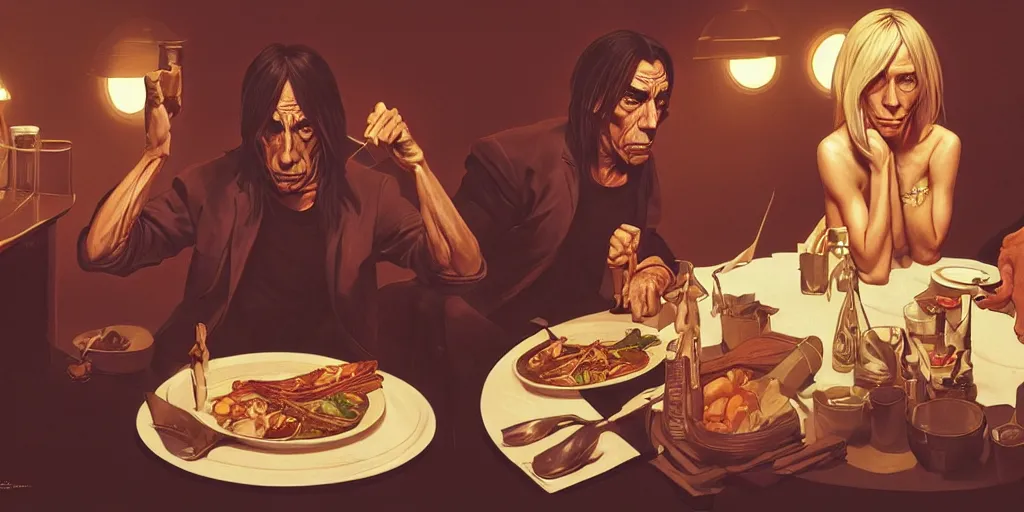 Image similar to iggy pop eating dinner, character sheet, character design, contrast, deep focus, turnaround, highly detailed, dramatic lighting, digital painting, artstation, concept art, matte, sharp focus, illustration, elegant, art by artgerm and greg f and alphonse mucha.