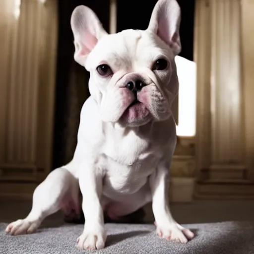 Image similar to A white french bulldog as the president of the united states, 8k hdr movie still, dynamic lighting, detailed