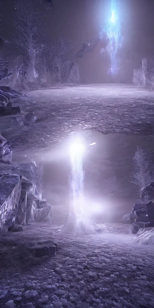 Image similar to interdimensional galaxy portal covered in frost, ice gate, volumetric light, volumetric fog, unreal engine, photorealistic, 8 k