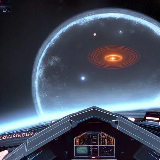 Prompt: Elite Dangerous, Anaconda ship in front of a black hole Saggitarius A*