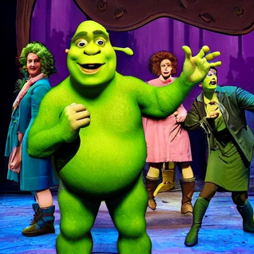 Image similar to shrek shouting into a handheld microphone on stage broadway promotional shot