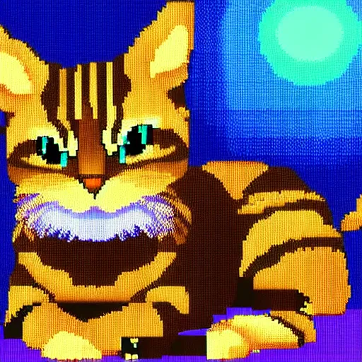 Prompt: a beautiful pixel art image of a tabby cat, high-quality, volumetric light, ultra-detailed, realistic