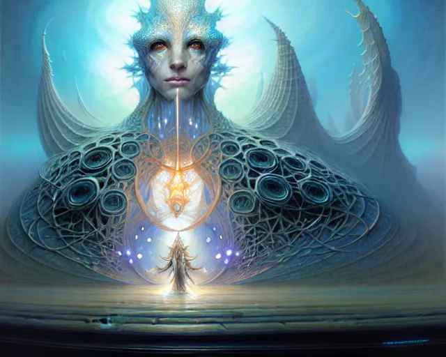 Image similar to the stronghold of white light, fantasy character portrait made of fractals facing each other, ultra realistic, wide angle, intricate details, the fifth element artifacts, highly detailed by peter mohrbacher, hajime sorayama, wayne barlowe, boris vallejo, aaron horkey, gaston bussiere, craig mullins