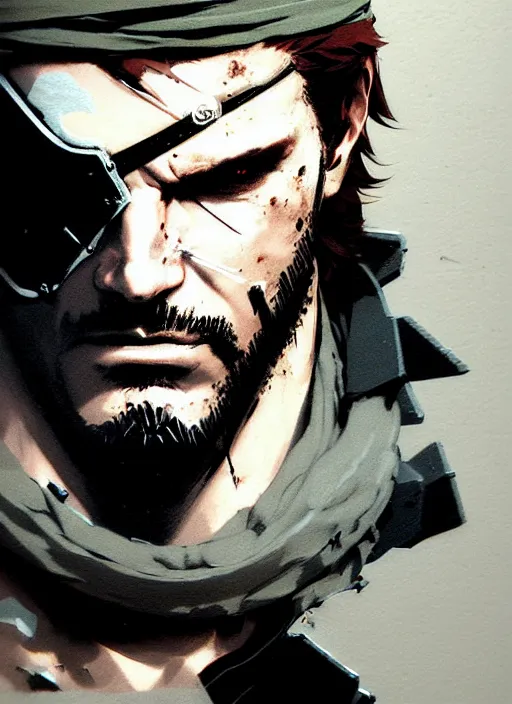 Image similar to highly detailed closeup of a moody solid snake mgs 1 with eyepatch and headband by atey ghailan, by greg rutkowski, by greg tocchini, by james gilleard, by joe fenton, by kaethe butcher, by yoji shinkawa, gradient blue, black, brown and white color scheme muted tones, grunge aesthetic!!! white graffiti tag wall background