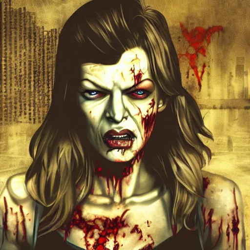 Prompt: angry zombie full body portrait of milla jovovich, new york urban background szene, grimdark horror, stylized digital illustration, global illumination, ray tracing, hdr, fanart arstation by ian pesty and katarzyna bek - chmiel