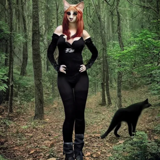 Prompt: furry cat woman in a forest 8 b 4 _ _ with real wolves
