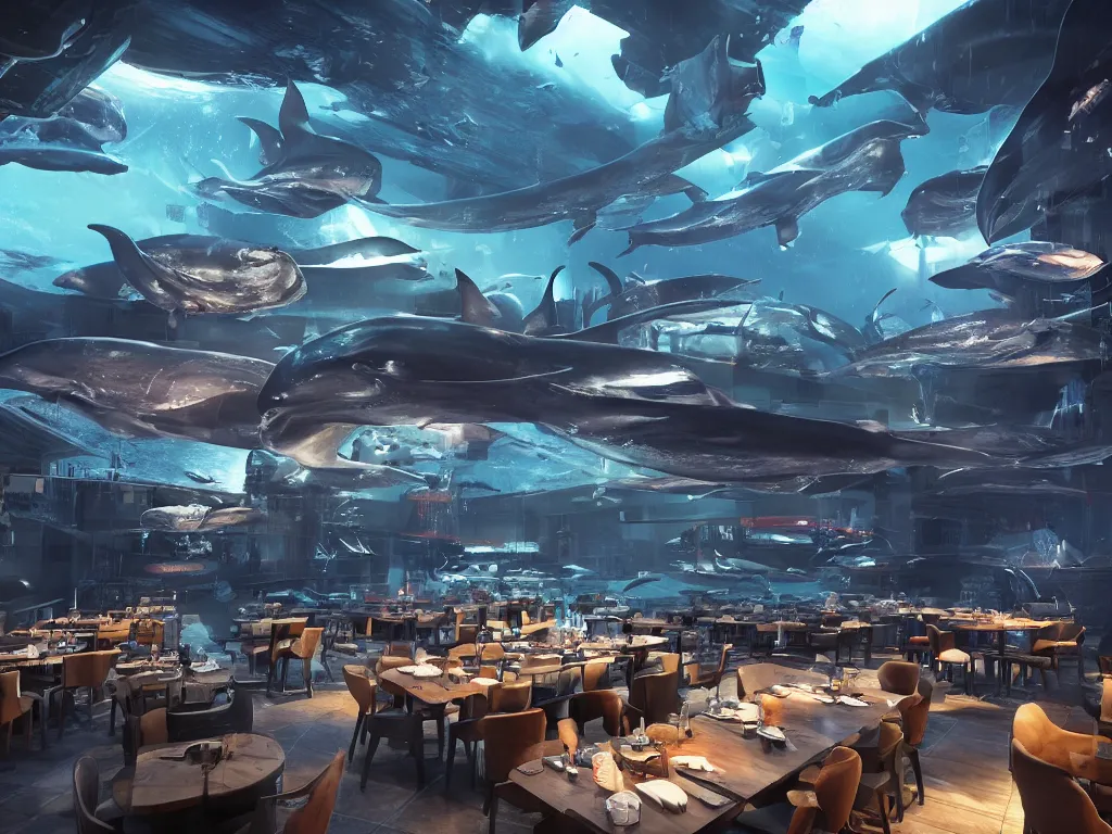 Image similar to Cyberpunk restaurant under water with whales, black ceiling and people inside the restaurant. Rays of light shines through the water. Cinematic, ArtStation, realistic photograph, ambient, rays, lens flares. Unreal Engine, Blender, Maya, rendered by Octane, Arnold.