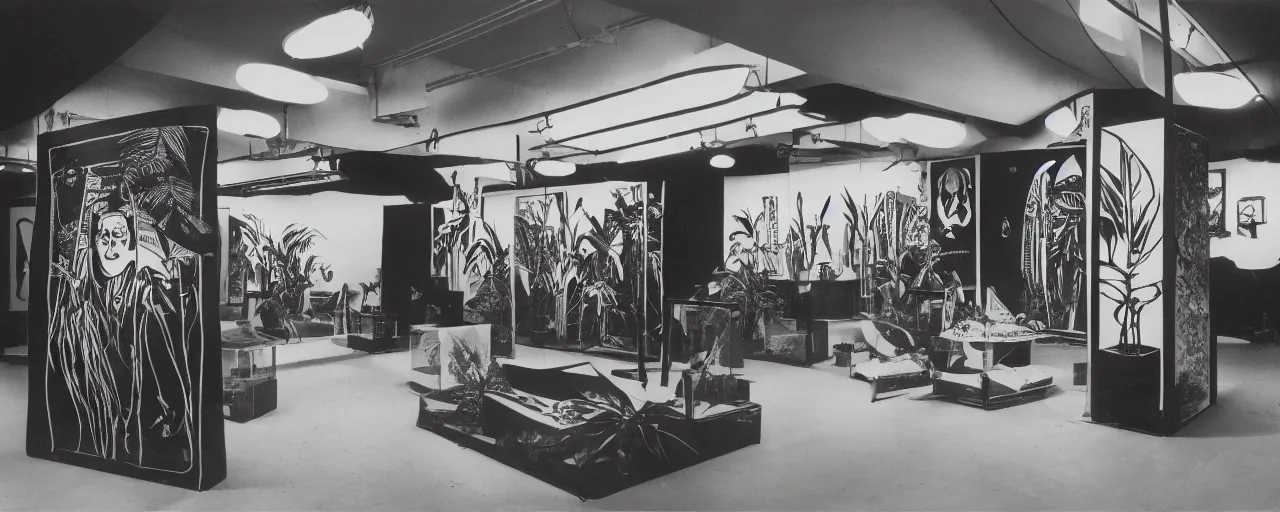 Image similar to A black and white photography in sérigraphie of an exhibition space with works of Sun Ra, Marcel Duchamp and tropical plants