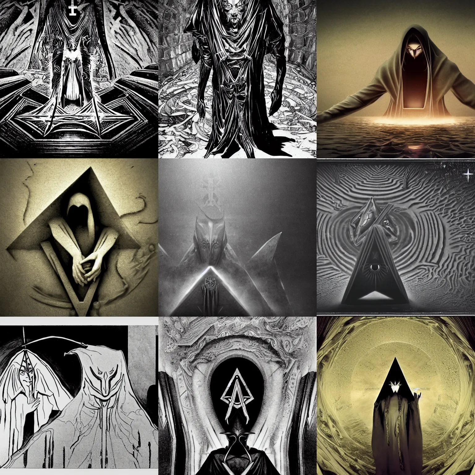 Prompt: Demonic masonic style occult hyperrealism cinematic dark magus style seinen manga film still inspired by occult alchemy(1920), submerged temple ritual scene, extreme closeup portrait of hooded cult master consuming regalia for infinite disciples, half submerged in heavy sand, tilt shift zaha hadid designed babylonian temple background, Panavision X III , 8K, 35mm lens, three point perspective, chiaroscuro, highly detailed, golden ratio, by Allister Crowley, by moma, by Nabbteeri by Sergey Piskunov