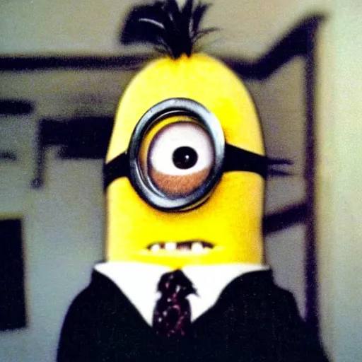 Image similar to realistic photograph of a creepy evil minion, if it were a real person, accidentally caught on camera in a old house, in the 8 0's