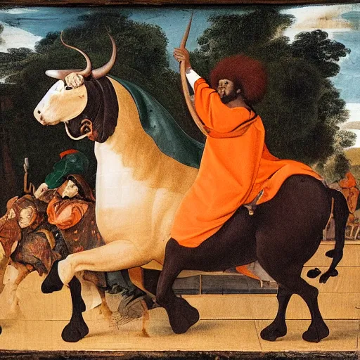 Image similar to photograph of a black man with afro hair wearing an army green adidas jacket riding an orange colored bull!!, renaissance style painting