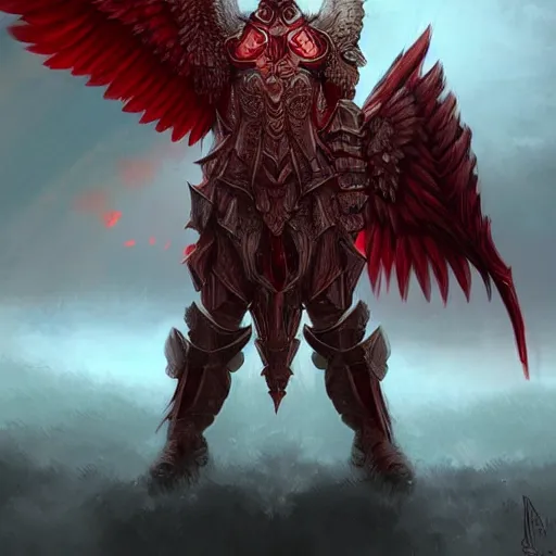 Prompt: man - unicorn hybrid red angel - wings, stunning, thick armor that covers everything, shocked very wide open eyes very open eyes, realistic, symmetric portrait, face, intricate, very detailed, fantasy digital art, trending in artstation, marc simonetti