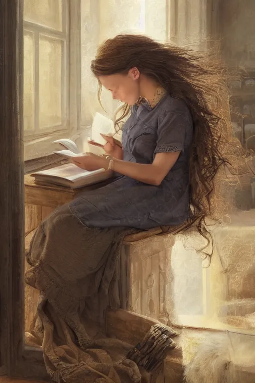 Image similar to a girl reading a book, hair flowing down, oil on canvas, intricate, 8 k highly professionally detailed, hdr, cgsociety