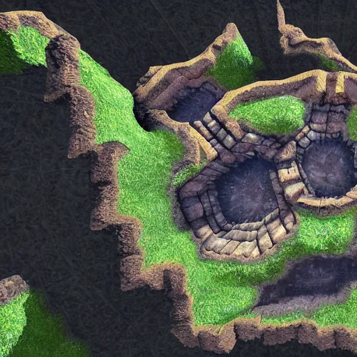 Image similar to top down view of a section of a cave, in the style of a video game