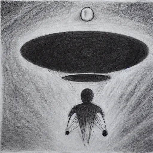 Image similar to Dimension Shift, UFO, reversal of roles, charcoal on paper