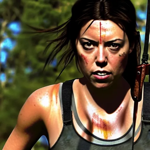 Image similar to still of aubrey plaza!!!!!!!!!!!! as lara croft, tomb raider.