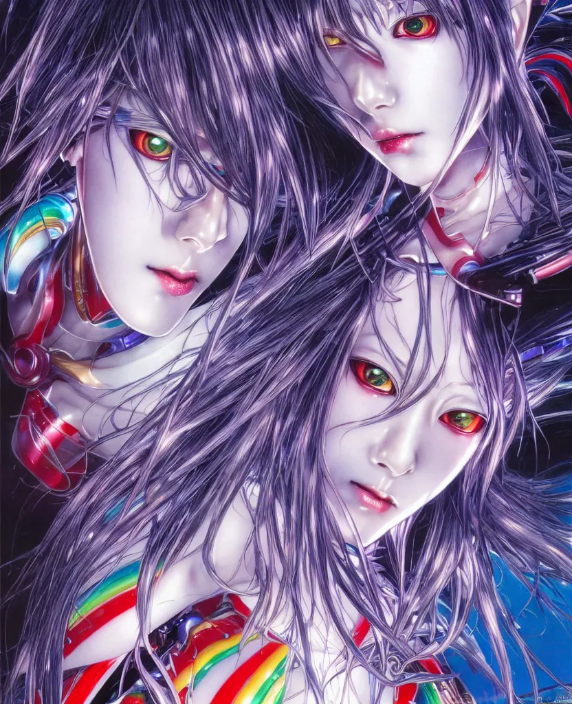 Image similar to realistic detailed image of ultra mega rainbow, realistic detailed female character, rei ayanami, symmetrical, depth perception, masterpiece, depth of field, action horror, gothic, vivid colors. art by yoshitaka amano, by yukito kishiro, by yoshiyuki sadamoto, by artgerm, by hajime sorayama