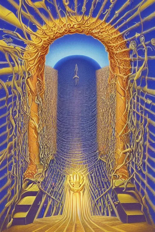 Prompt: staircase towards a otherworldly entrance into another universe, majestic occult gates, magical weird, strange fantastic, by octavio ocampo