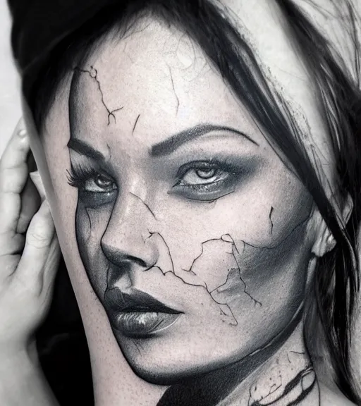 Prompt: amazing blend effect on a beautiful woman face and mighty mountains, tattoo design sketch, hyper - realistic, in the style of matteo pasqualin, amazing detail, black and white