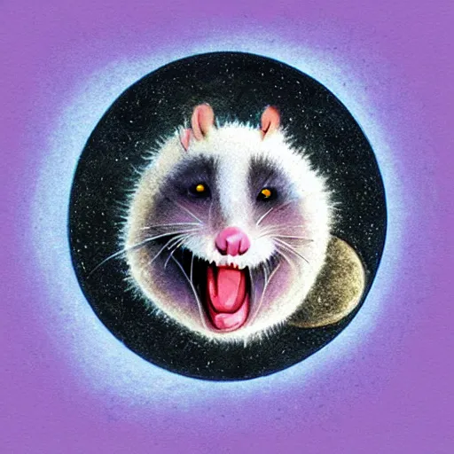 Prompt: “an opossum screaming at the moon on a pile of trash, 90’s airbrush design”