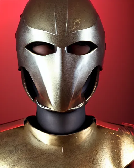 Image similar to realistic photo portrait of a metal hero sentai woman with human head, studio lighting, 1 5 0 mm