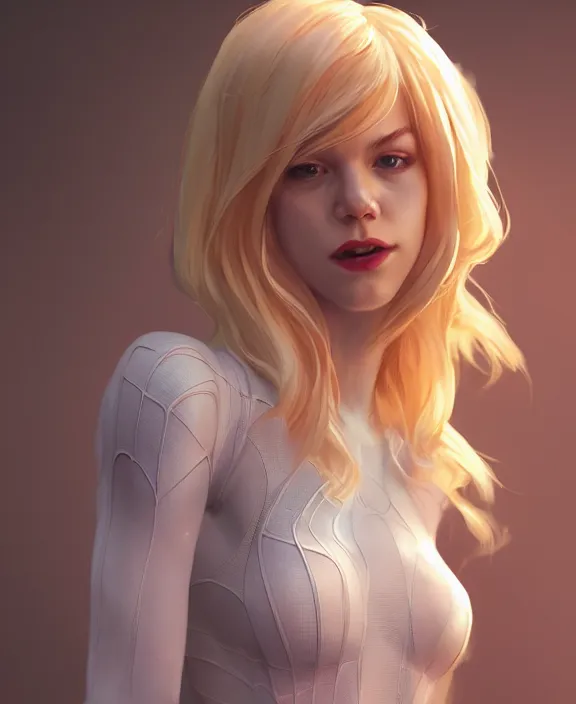 Prompt: gwen stacy female spiderman, pure white, au naturel, hyper detailed, digital art, radiant highlight, trending in artstation, cinematic lighting, studio quality, smooth render, unreal engine 5 rendered, octane rendered, art style by klimt and nixeu and ian sprigger and wlop and krenz cushart.