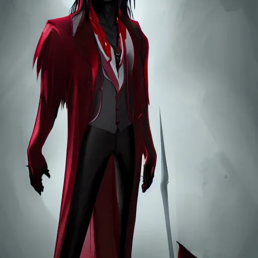 Image similar to a pale vampire, male, mid - 3 0 s, long black hair, clean shaven, dressed formally in red and black, highly detailed, concept art, smooth, sharp focus, unreal engine 5, 8 k.