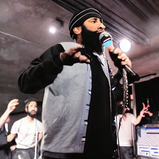Prompt: osama rapping at an underground hyperpop show.