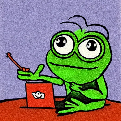 Prompt: pepe the frog sitting in a room, cartoon