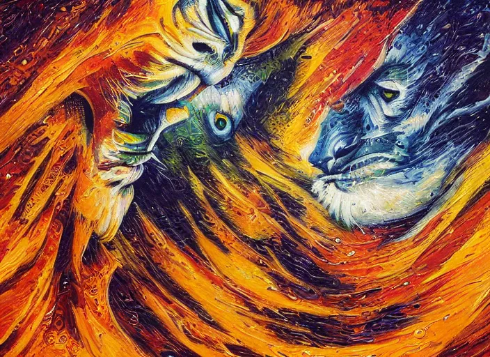 Prompt: An oil on canvas painting of two lions, void vortex, cosmic, by Dan Mumford and Umberto Boccioni,, aesthetically pleasing composition, masterpiece, ultra-realistic, super realistic, 4k, 8k
