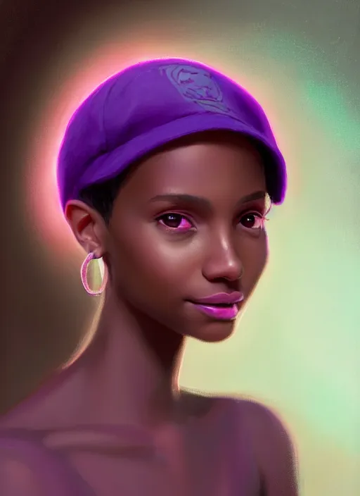 Image similar to portrait of vanessa morgan, black teenage girl, pink hair, wavy pixie haircut, purple newsboy cap, hoop earrings, subtle confident smile, intricate, elegant, glowing lights, highly detailed, digital painting, artstation, concept art, sharp focus, illustration, art by wlop, mars ravelo and greg rutkowski