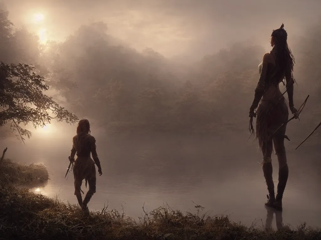 Image similar to hunter woman walking across foggy river, unreal engine 5, art by artgerm and greg rutkowski and alphonse mucha, global illumination, detailed and intricate environment, hyperrealistic, volumetric lighting, epic cinematic shot, perfectly defined features, ambient occlusion