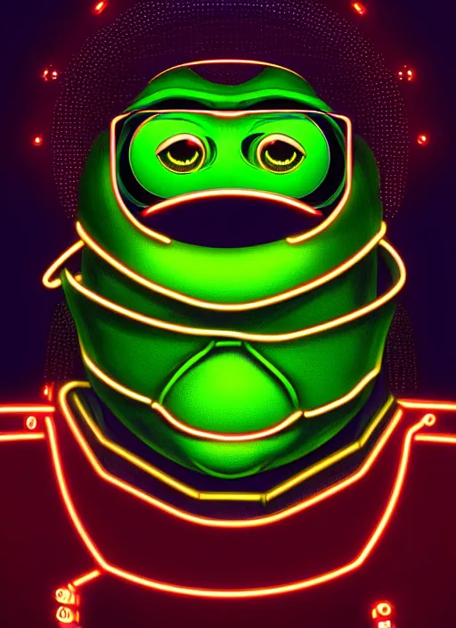 Image similar to portrait of pepe the frog cyber android, intricate, elegant, cyber neon lights, highly detailed, digital painting, cinema 4 d, glamor pose, concept art, smooth, sharp focus, illustration, art by artgerm and greg rutkowski