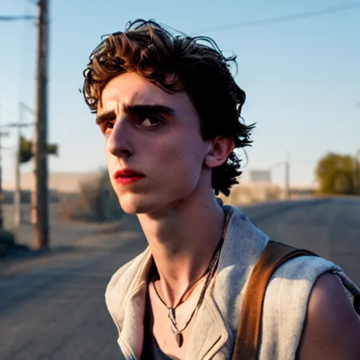 Image similar to new 4k still from 2023 Terminator reboot staring Timothy Chalamet as terminator