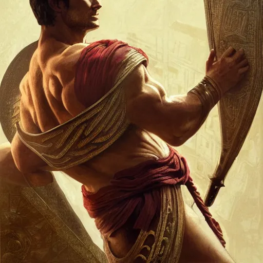 Image similar to henry cavill as a greek gladiator, gorgeous, amazing, muscular, intricate, highly detailed, digital painting, artstation, concept art, sharp focus, illustration, art by greg rutkowski and alphonse mucha